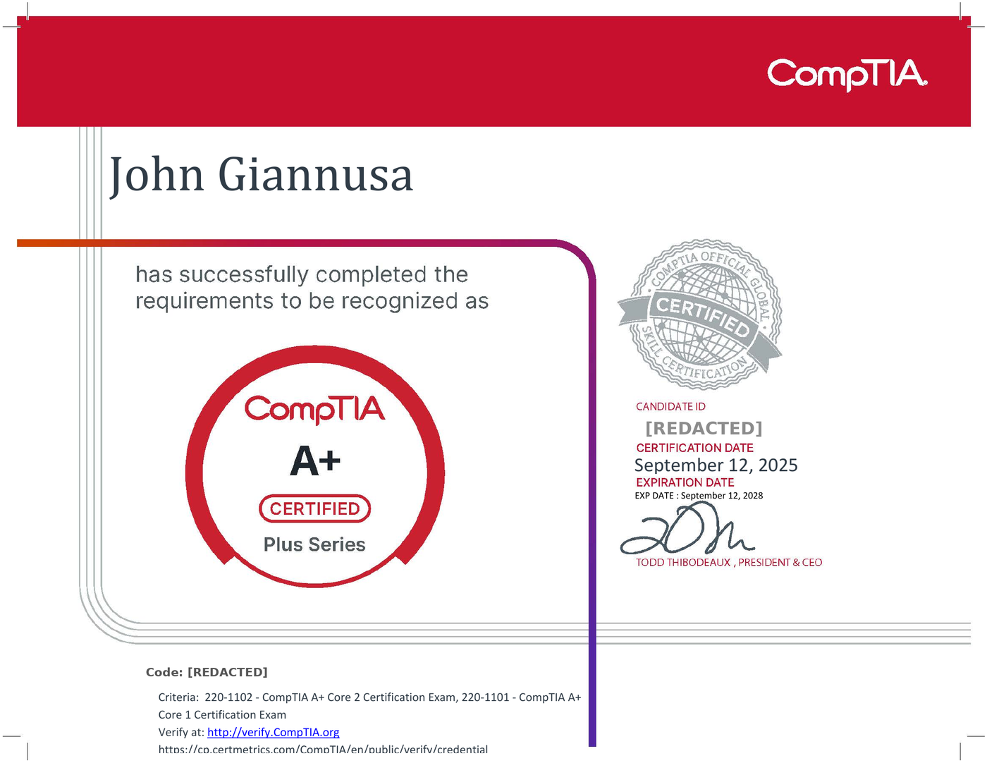 CompTIA A+ certificate issued to John Giannusa, certified September 12, 2025