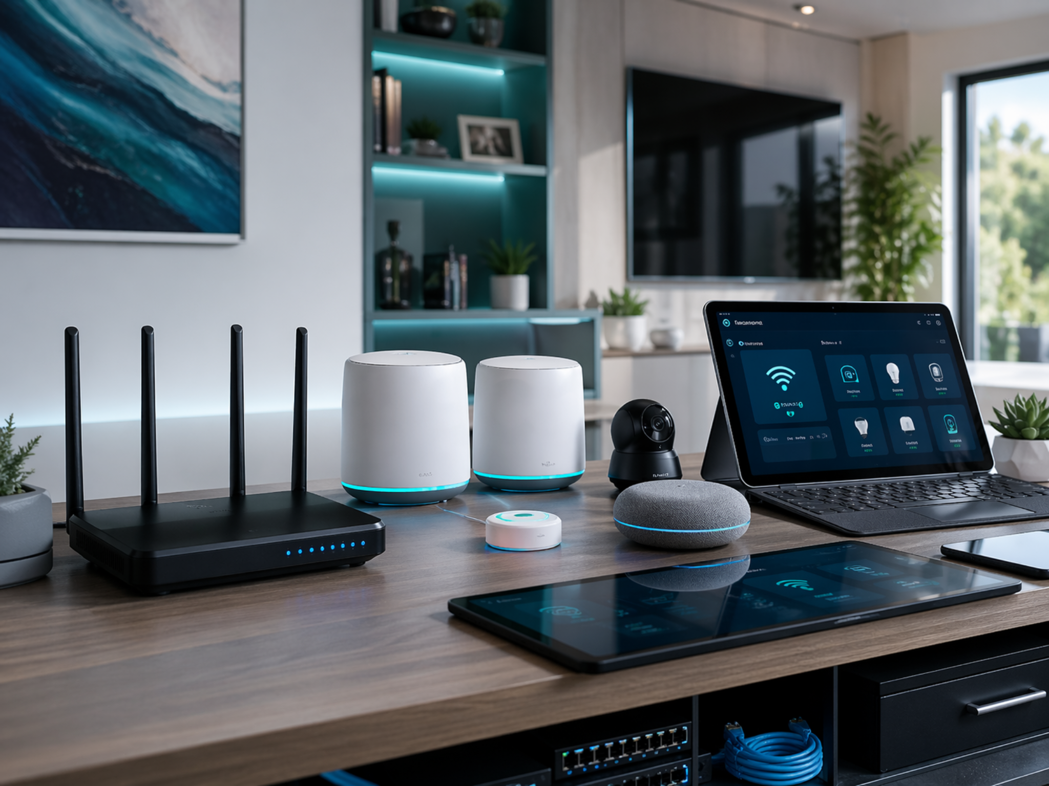 Home tech setup with Wi-Fi equipment, tablet, and connected devices