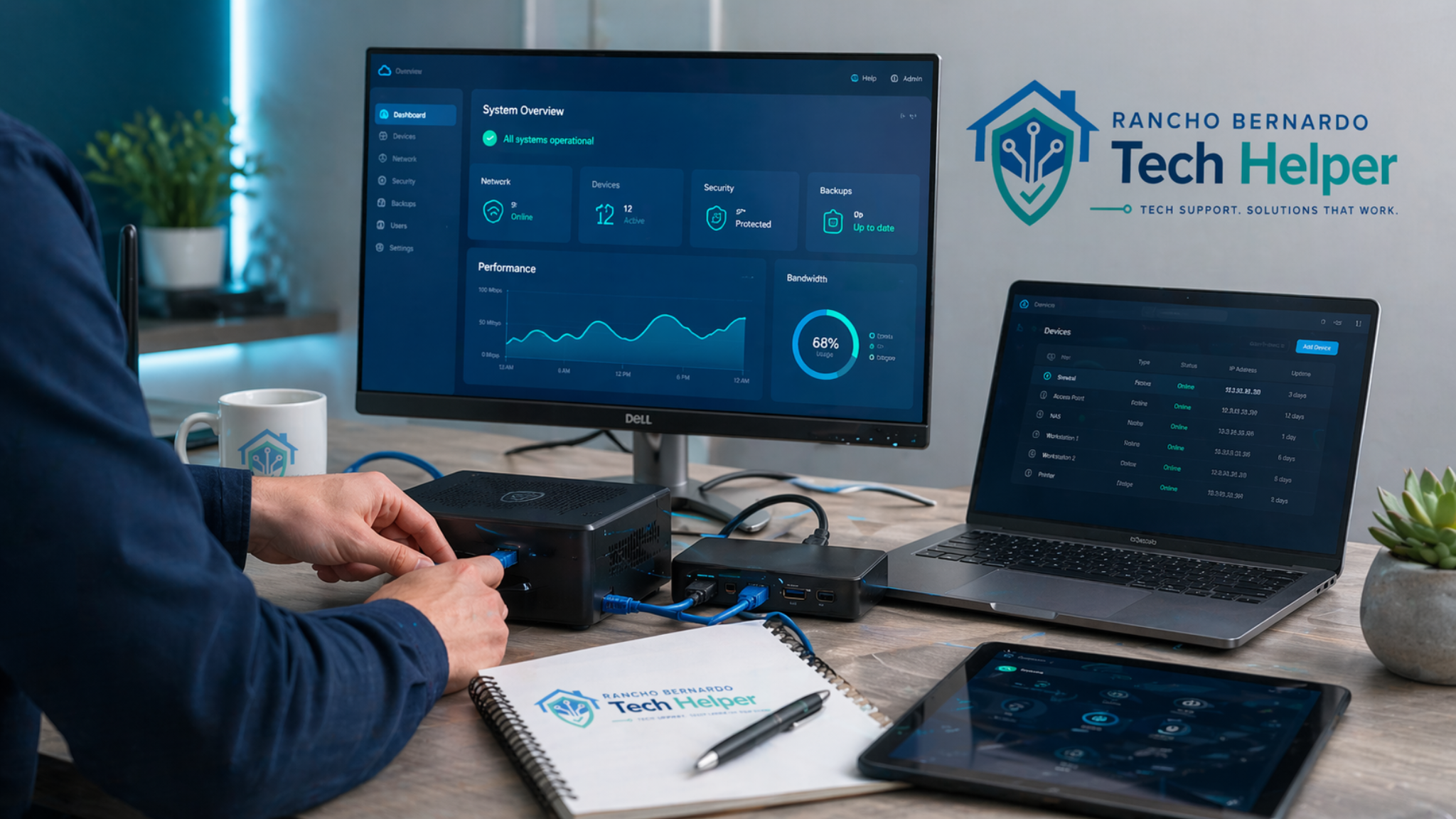 Technician connecting equipment at a desk with monitor, laptop, and tablet